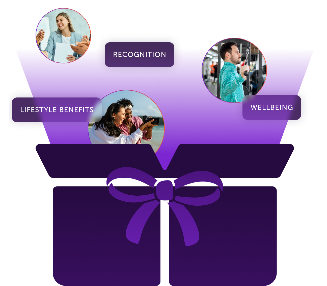 Smiling woman using smartphone next to app screen showing a message praising Jack's dedication and 50 points sent, with icons for Airbnb and Starbucks.