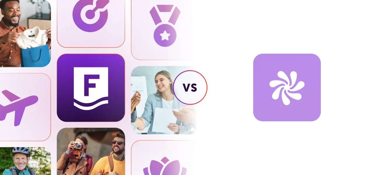 Collage comparing two employee recognition platforms with logos and images of smiling people and icons representing rewards.