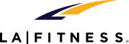 LA Fitness logo with navy blue and orange swoosh shapes on a white background.