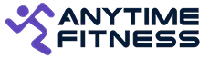 Anytime Fitness logo with purple running figure and bold blue text.