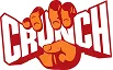 Word CRUNCH in bold red letters with an orange bear paw print in the center.