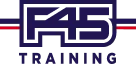 F45 Training logo with dark blue text and horizontal red and blue lines on white background.