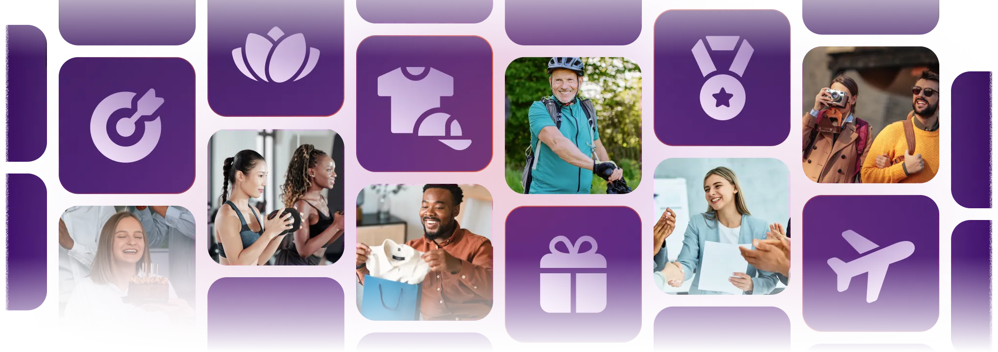 Collage of diverse people celebrating, exercising, shopping, working, traveling, and icons of rewards and gifts.