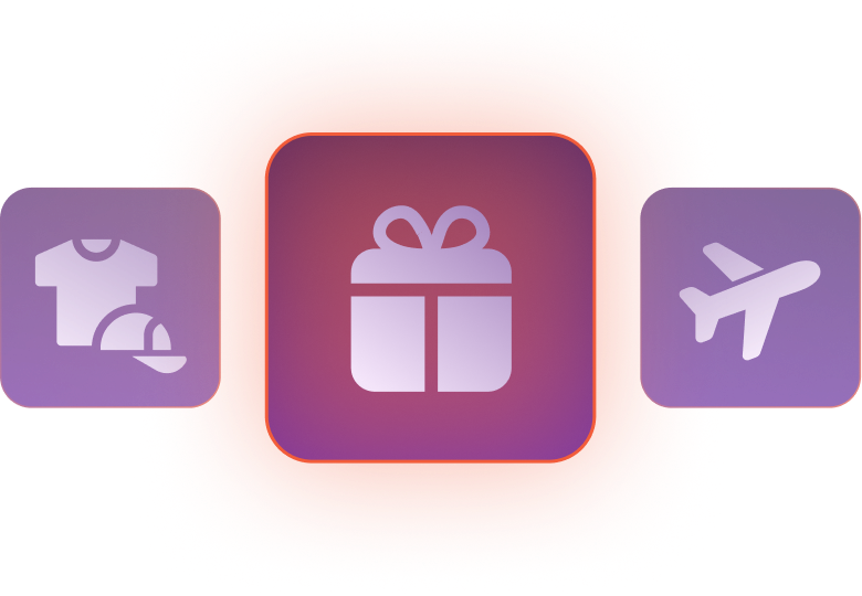 Three purple square icons on a blurred orange background: a t-shirt and cap on the left, a gift box with a bow in the center, and an airplane on the right.