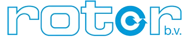 Logo with the word 'rotor' in blue and white, featuring a circular arrow inside the letter 'o' and 'b.v.' in small blue letters.