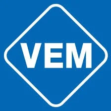 VEM logo with white letters inside a white diamond shape on a blue background.