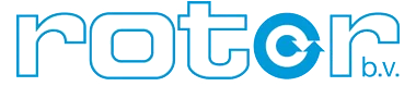 Logo with the word 'rotor' in blue and white, featuring a circular arrow inside the letter 'o' and 'b.v.' in small blue letters.