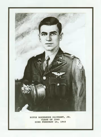 Black and white portrait of Rufus Alexander Oliphant Jr. in military uniform with pilot wings, labeled with his name, class of 1940, and date of death February 15, 1943.