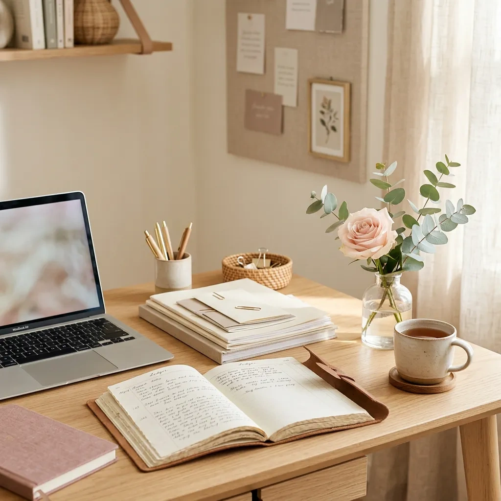 A calm, organized home-office workspace