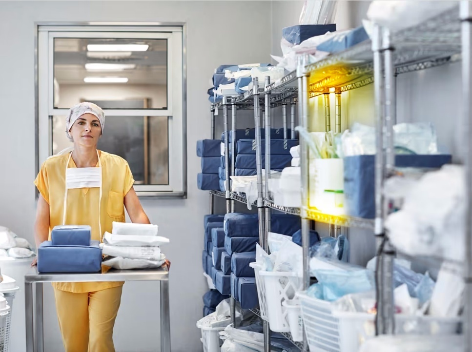 A woman standing in a room filled with lots of items.