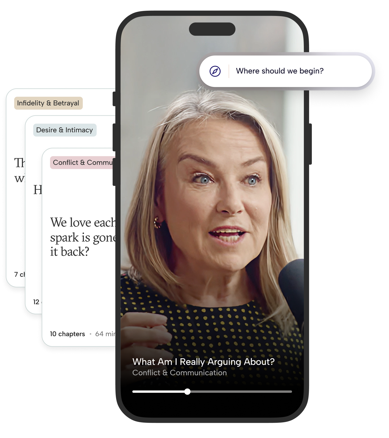 Esther Perel video preview with related conversation topic cards