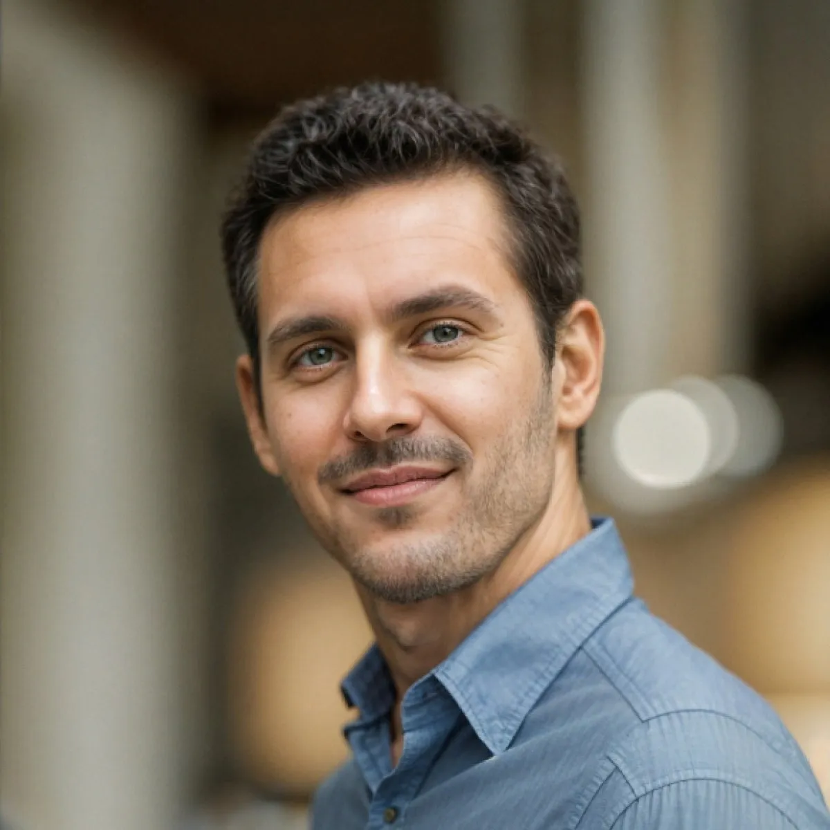 a man in a blue shirt smiling at the camera