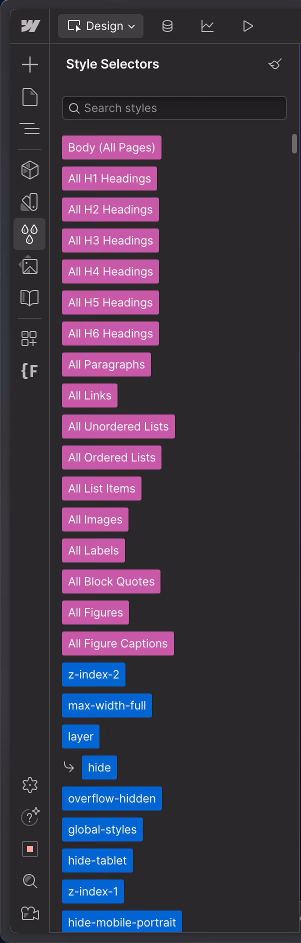 Style Selectors panel showing various text style options and class names in a web design interface.