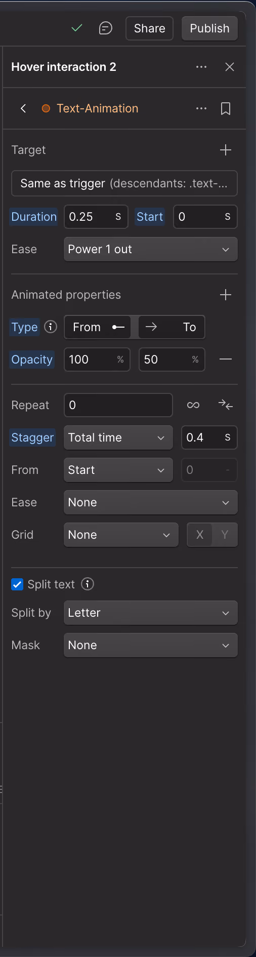 User interface panel showing hover interaction settings for text animation including duration, opacity, and stagger options.
