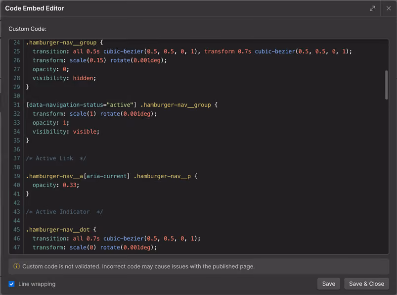 Code editor window showing CSS styles for hamburger navigation menu with transitions and transformations.
