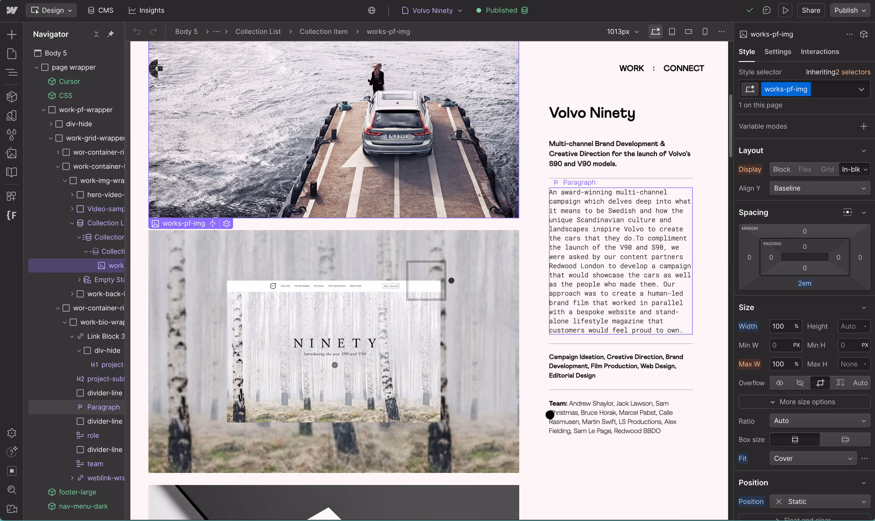 Web design project page showing Volvo Ninety campaign text and images of a car on a pier and a forest website.