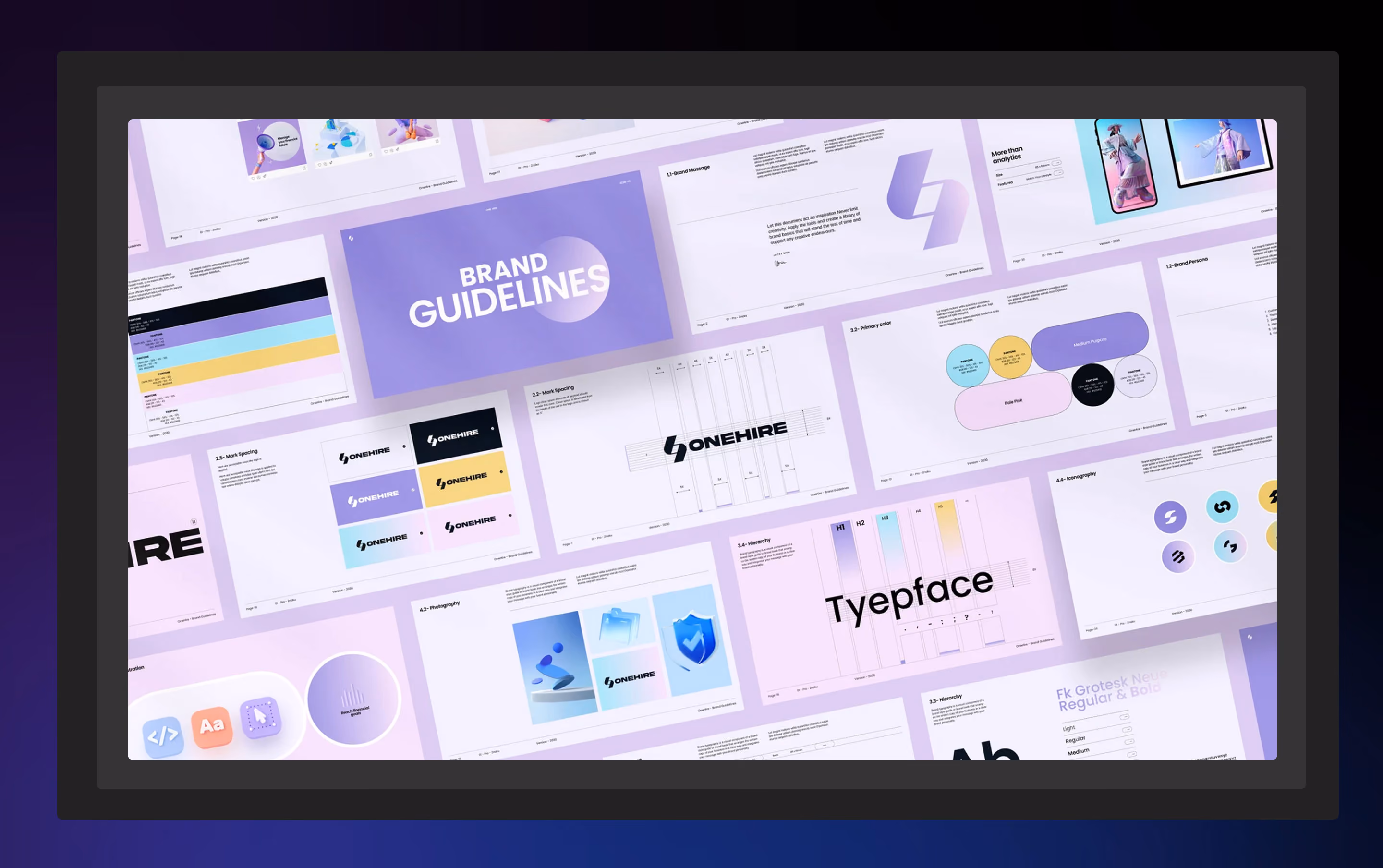 Digital brand guidelines with logos, color palette, typography, and iconography in purple tones.