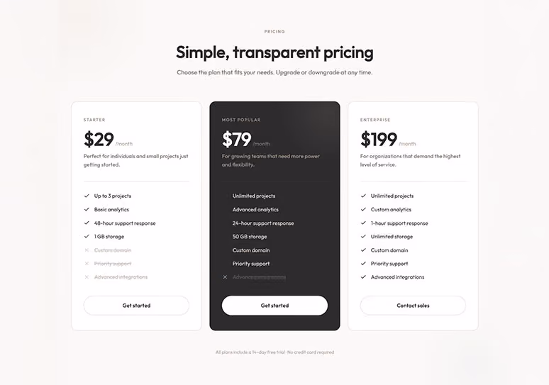 Pricing plans: Starter $29, Most Popular $79, Enterprise $199 with varying features and support levels.