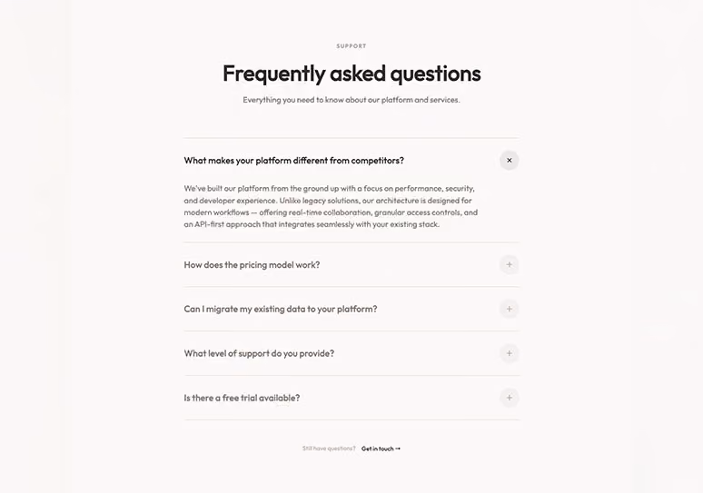 FAQ section with expanded answer on platform differences and collapsed questions about pricing, data, support, and trial.