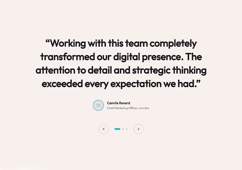 Testimonial quote praising a team's digital presence transformation by Camille Renard, Chief Marketing Officer.