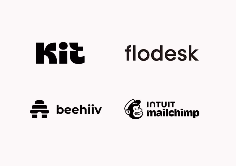 Logos of Kit, flodesk, beehiv, and Intuit Mailchimp brands on a light background.