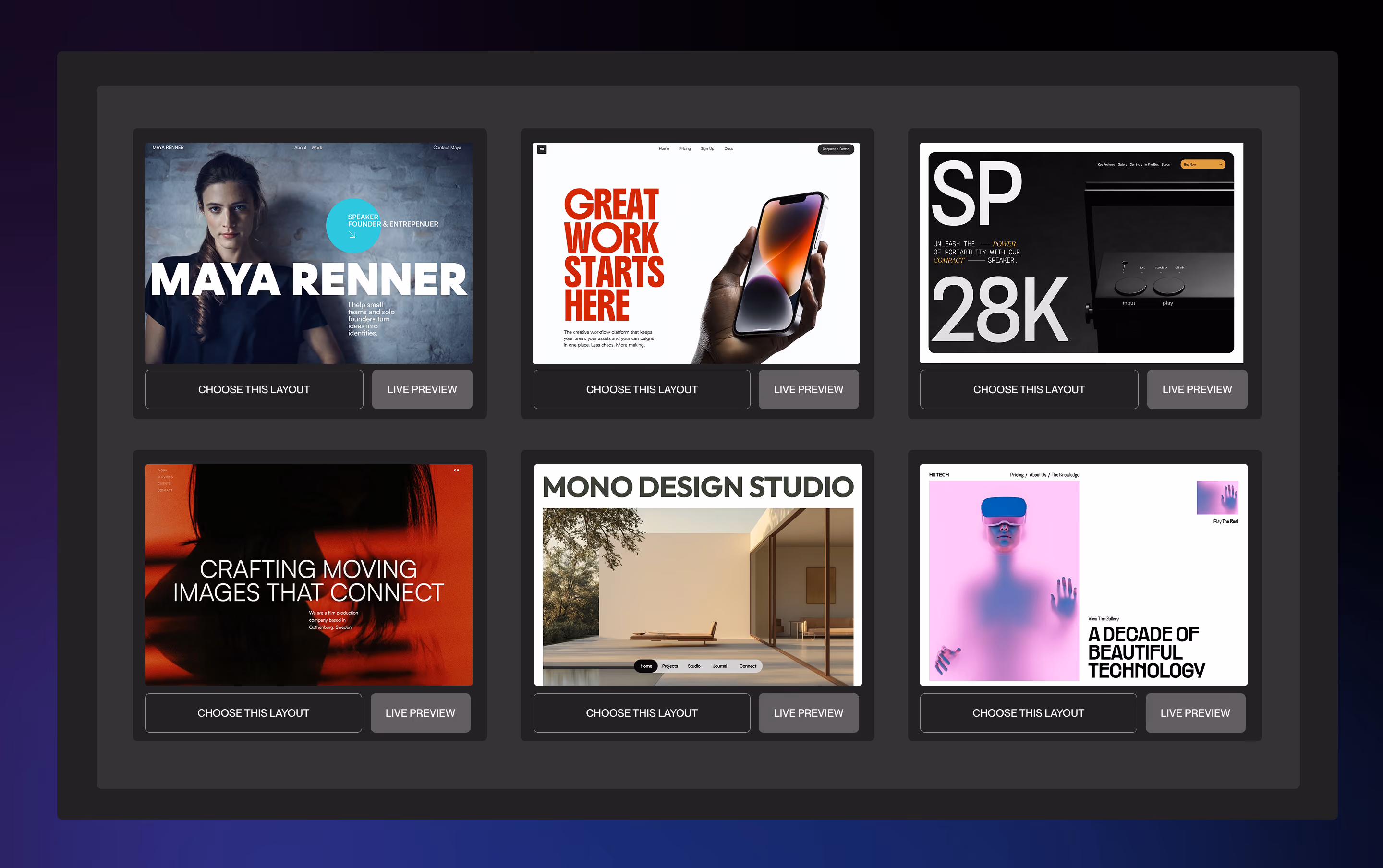 Six website layout previews showing different designs with a choose layout and live preview button under each.
