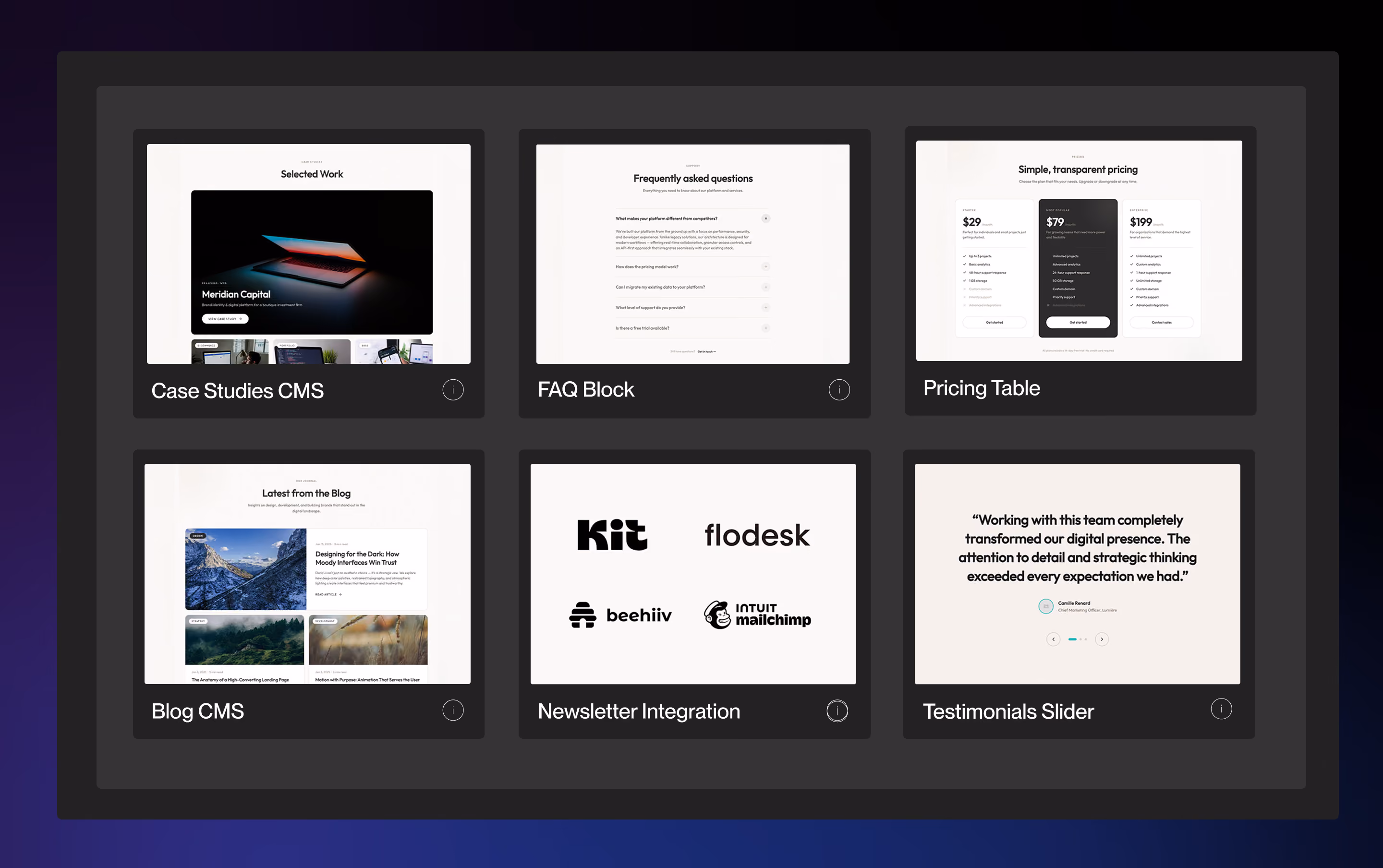 Six UI panels showing Case Studies CMS, FAQ Block, Pricing Table, Blog CMS, Newsletter Integration, and Testimonials Slider.