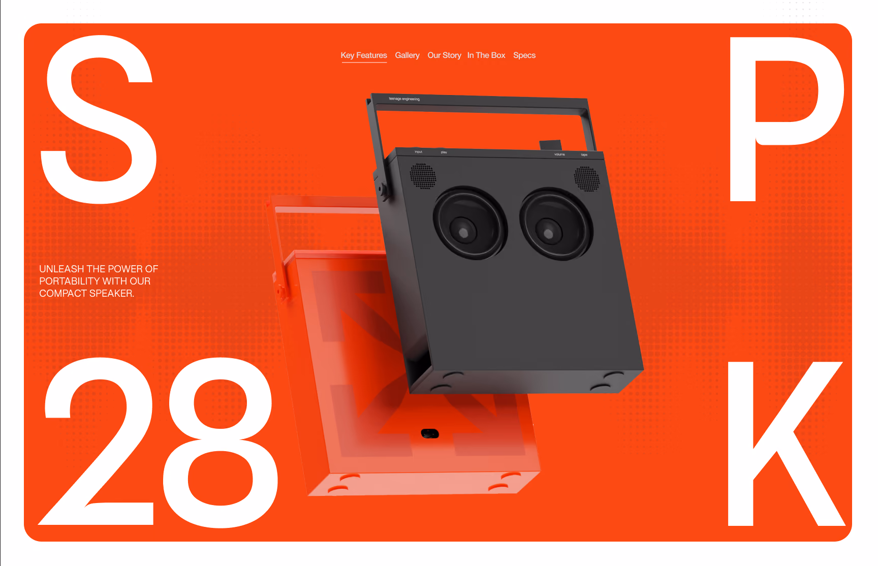 Black compact portable speaker on an orange background with text and navigation links above.