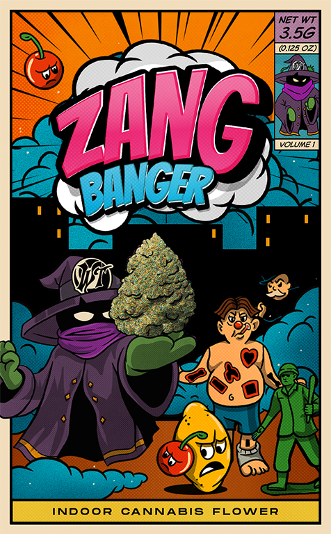 Zang Banger cannabis flower promotional banner in comic book style, featuring bold title text and illustrated characters with the label ‘Indoor Cannabis Flower’ and net weight 3.5g