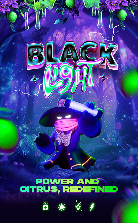 Black Light cannabis strain promotional banner with neon text ‘Power and Citrus, Redefined,’ featuring a wizard character holding a glowing light in a mystical forest.
