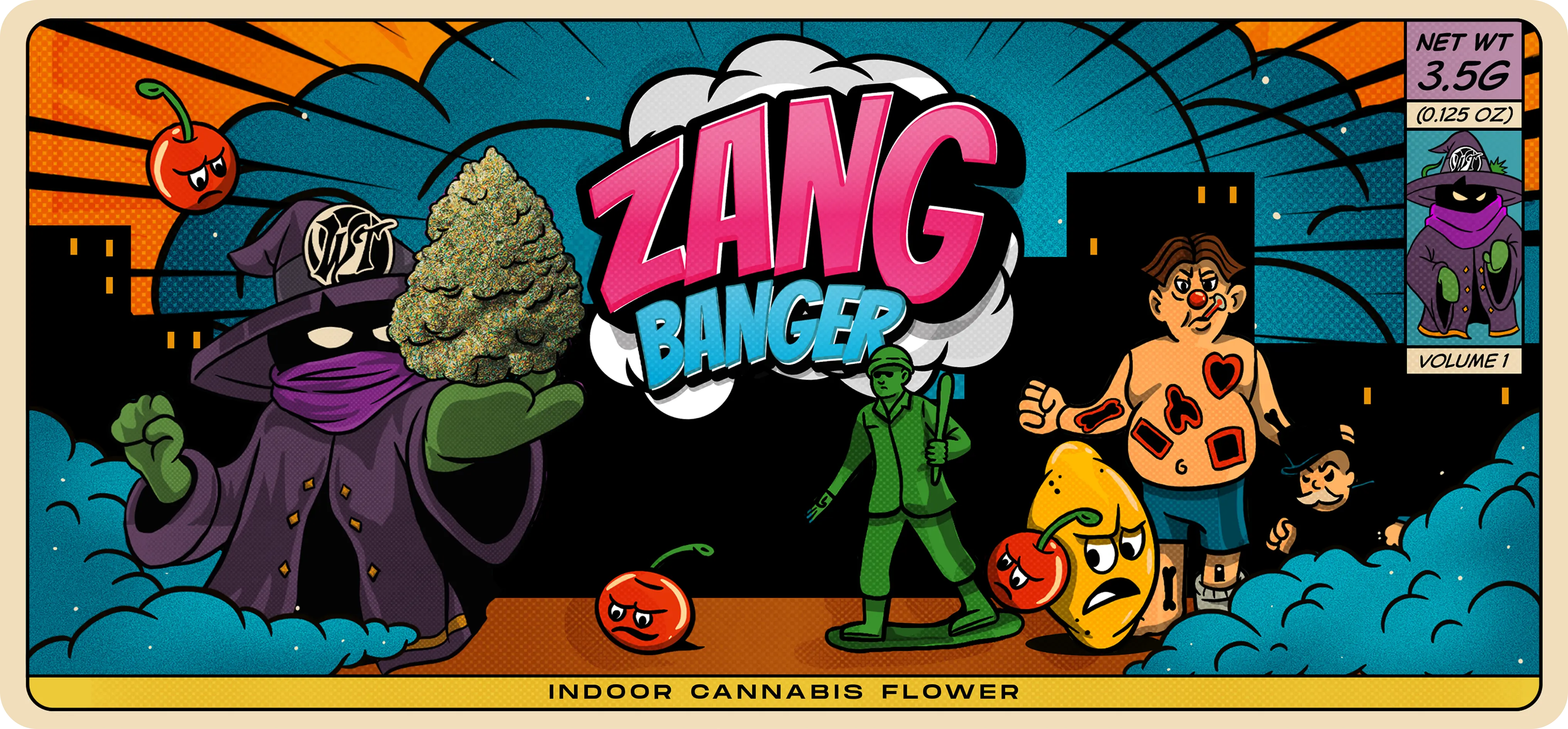 Zang Banger cannabis flower promotional banner in comic book style, featuring bold title text and illustrated characters with the label ‘Indoor Cannabis Flower’ and net weight 3.5g