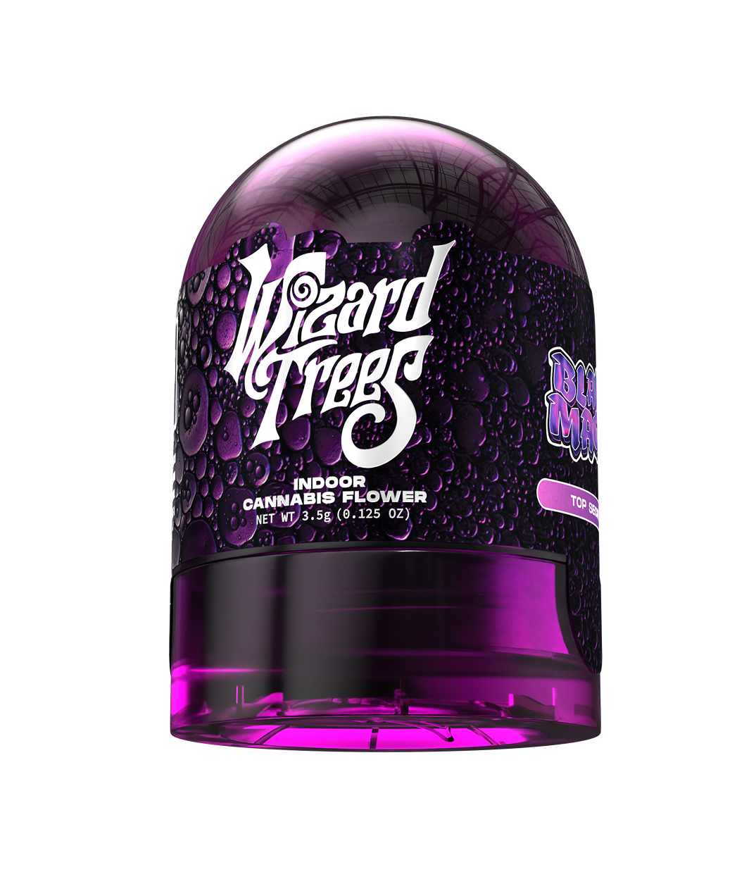 Wizard Trees indoor cannabis flower jar with purple and black label design