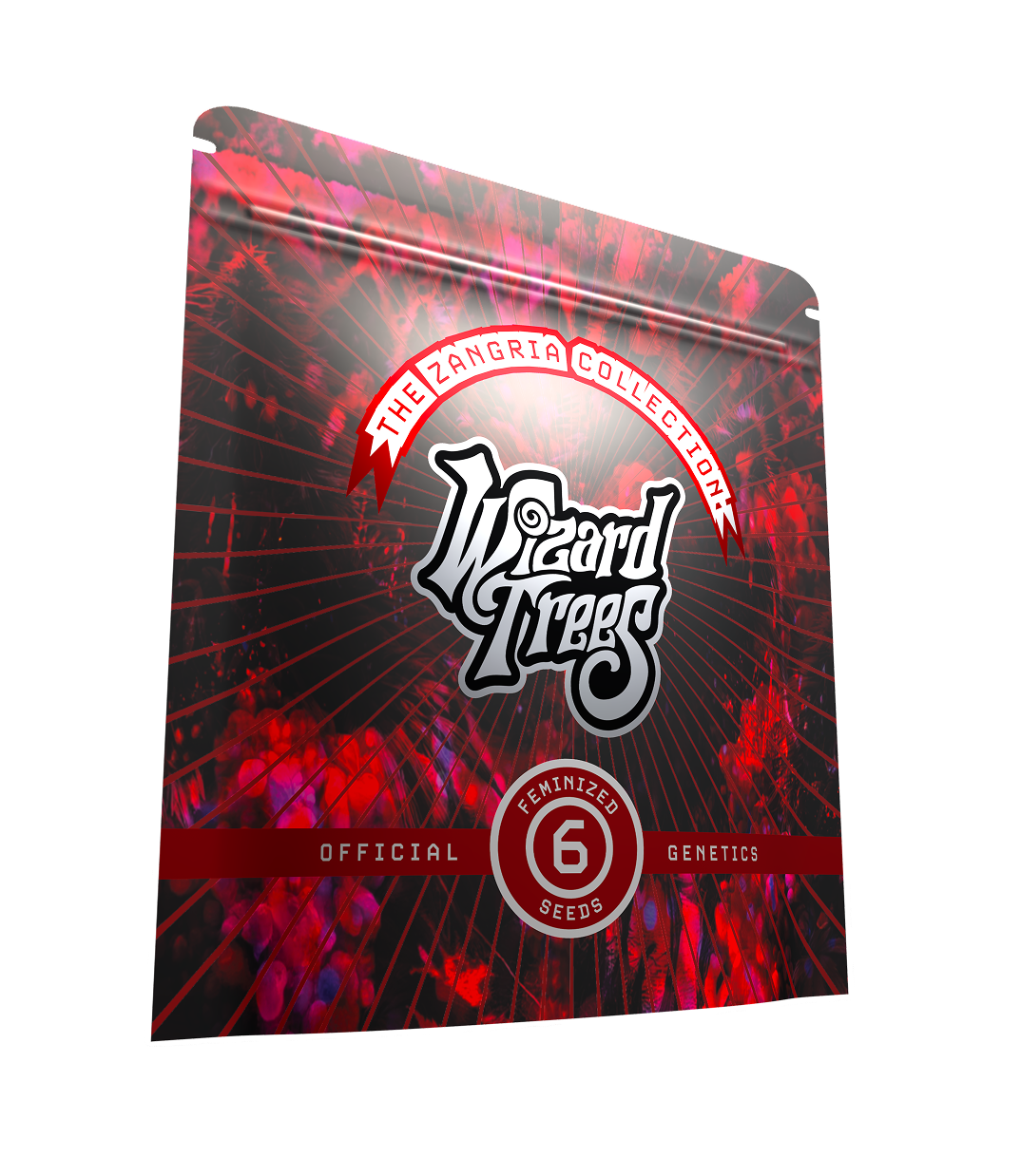 Wizard Trees cannabis seed pack from the Zangria Collection, featuring red and black design with label for 6 feminized seeds
