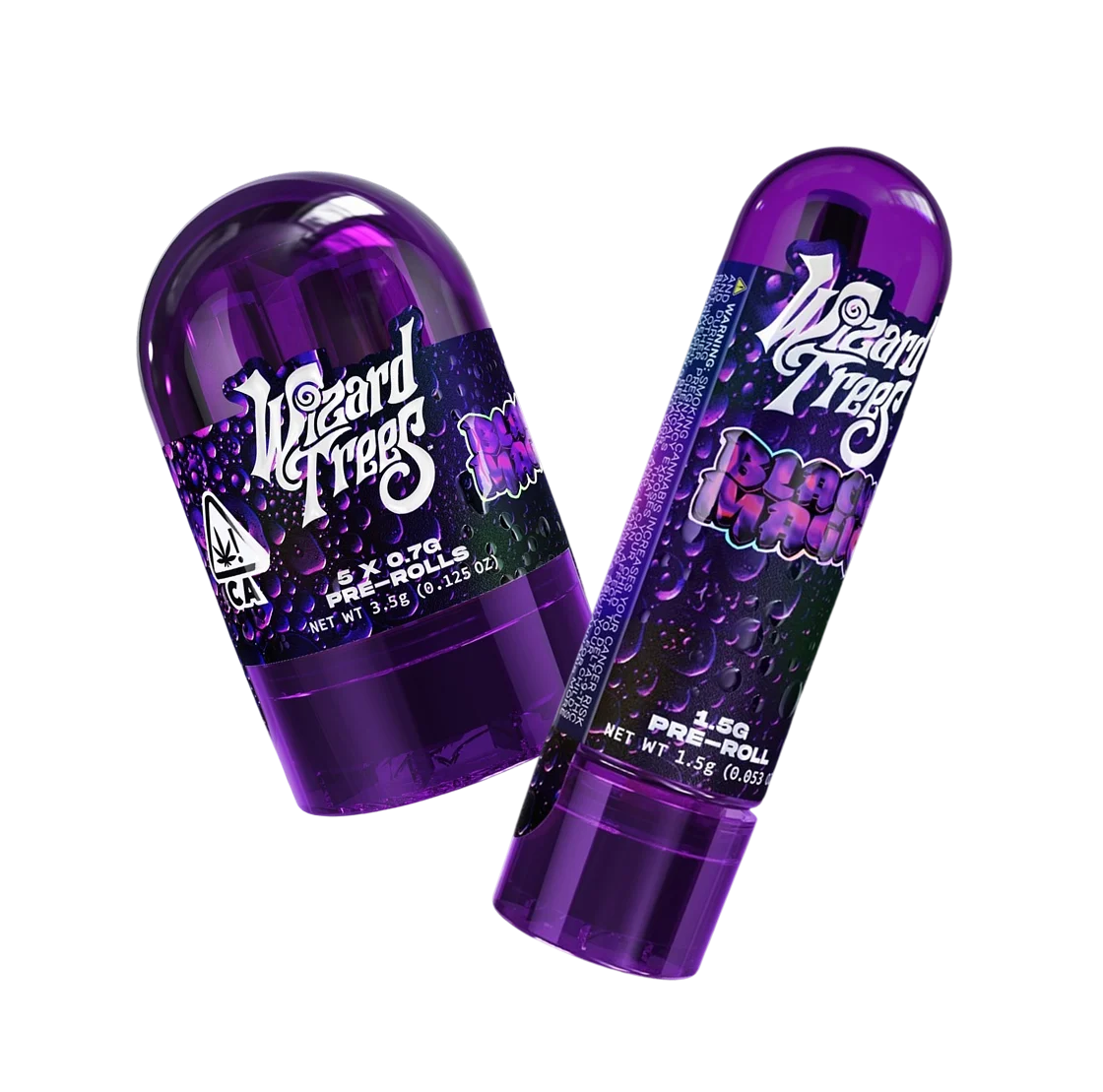 Wizard Trees assorted cannabis products including purple jars and a purple vape with WT logo.