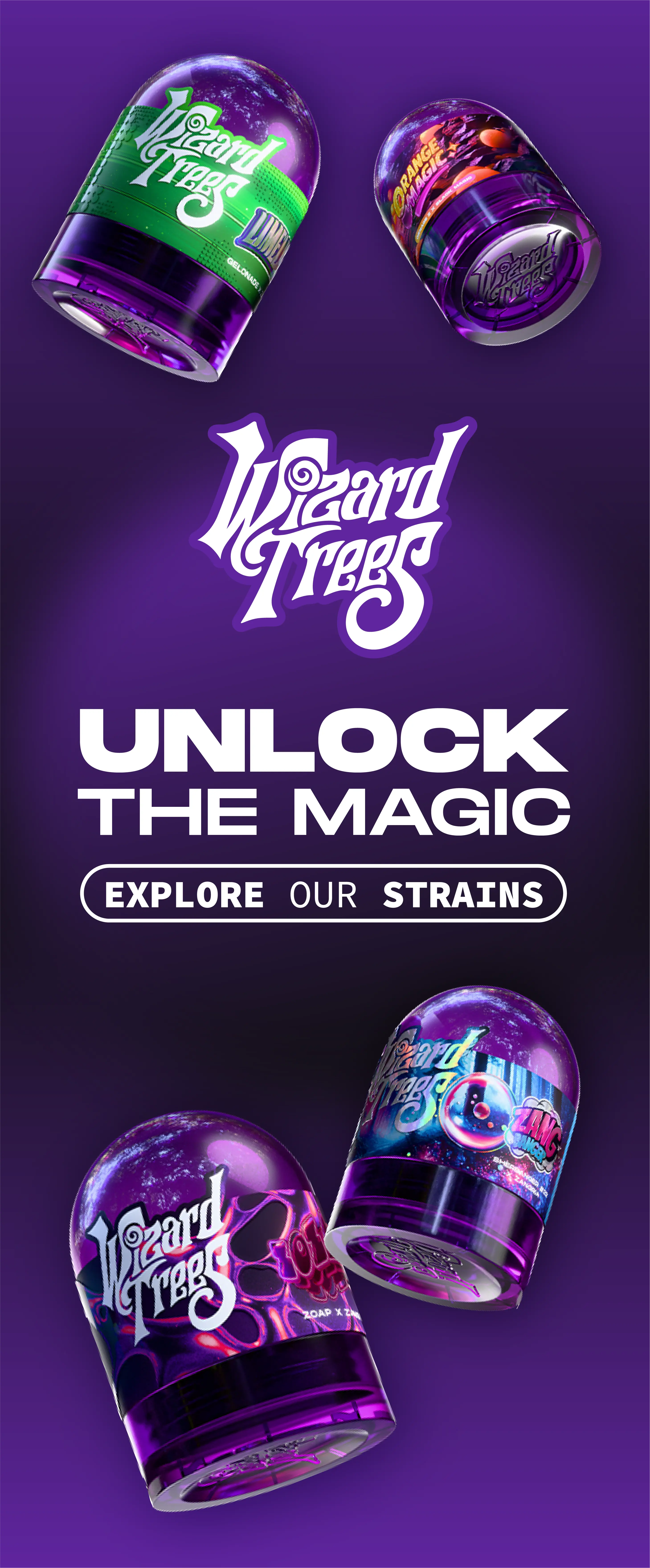 Promotional banner for Wizard Trees with the headline ‘Unlock the Magic’ and a call-to-action button reading ‘Explore Our Strains,’ featuring four colorful cannabis jars on a purple background.