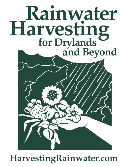 Logo with text Rainwater Harvesting for Drylands and Beyond and a hand holding plants with a sun illustration.