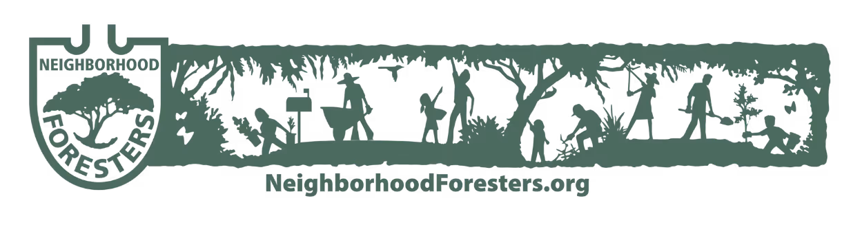Neighborhood Foresters logo with shield, tree illustration, various forest care activities, and website URL.