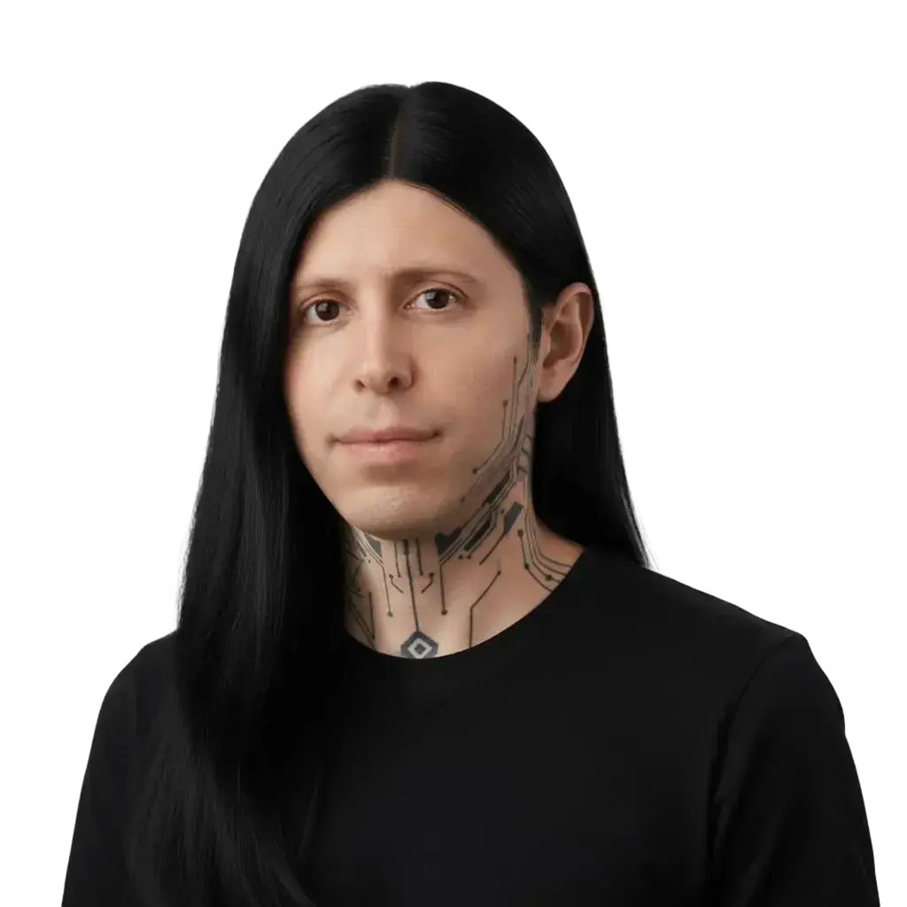 Person with long black hair and circuit-like tattoos on neck and face wearing a black shirt.
