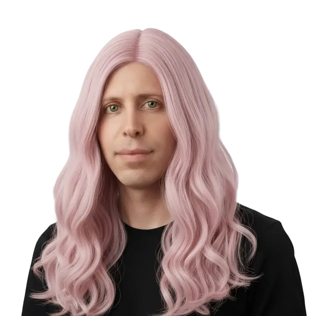 Person with long, wavy pastel pink hair wearing a black shirt and looking forward.