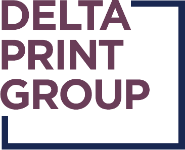 Delta Print Group logo with text enclosed by an incomplete dark blue square.