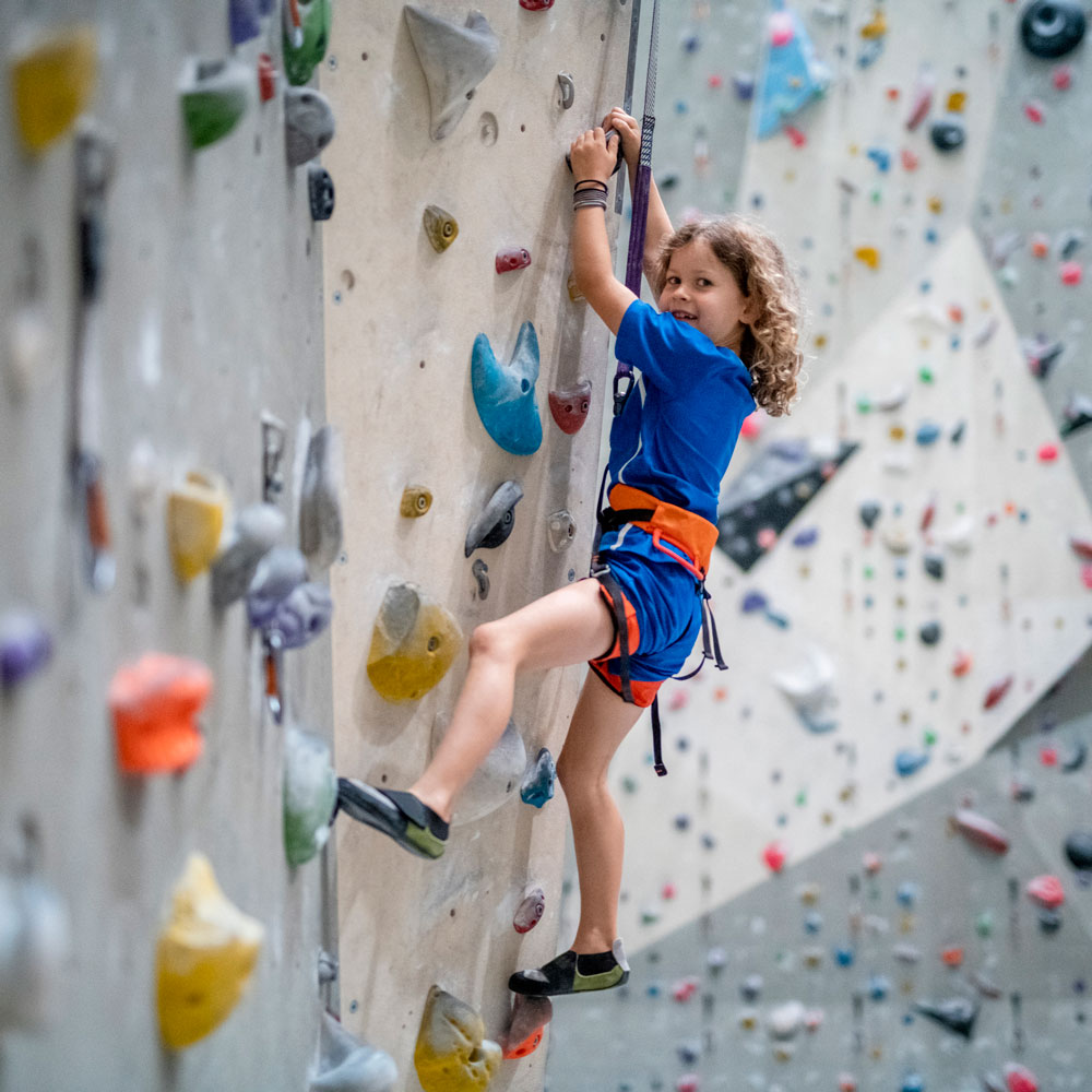 Young child in blue sportswear climbing an indoor rock wall with colorful holds and safety harness.