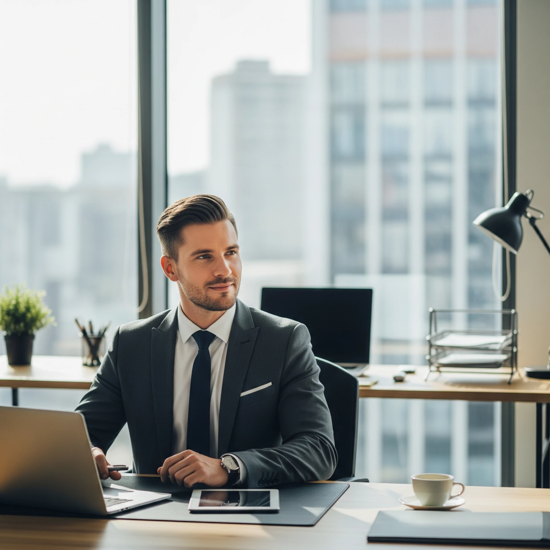 Un homme d'affaires bien habillé, assis à son bureau moderne, regardant pensivement par la fenêtre avec un sourire léger, entouré d'un ordinateur portable, d'une tablette et d'une tasse de café.