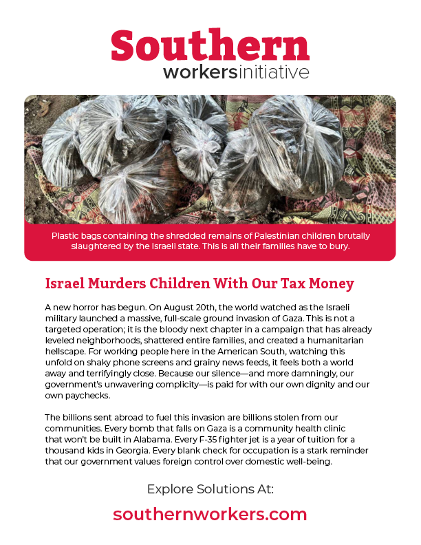 Flyer condemning the Israeli genocide of Gaza.