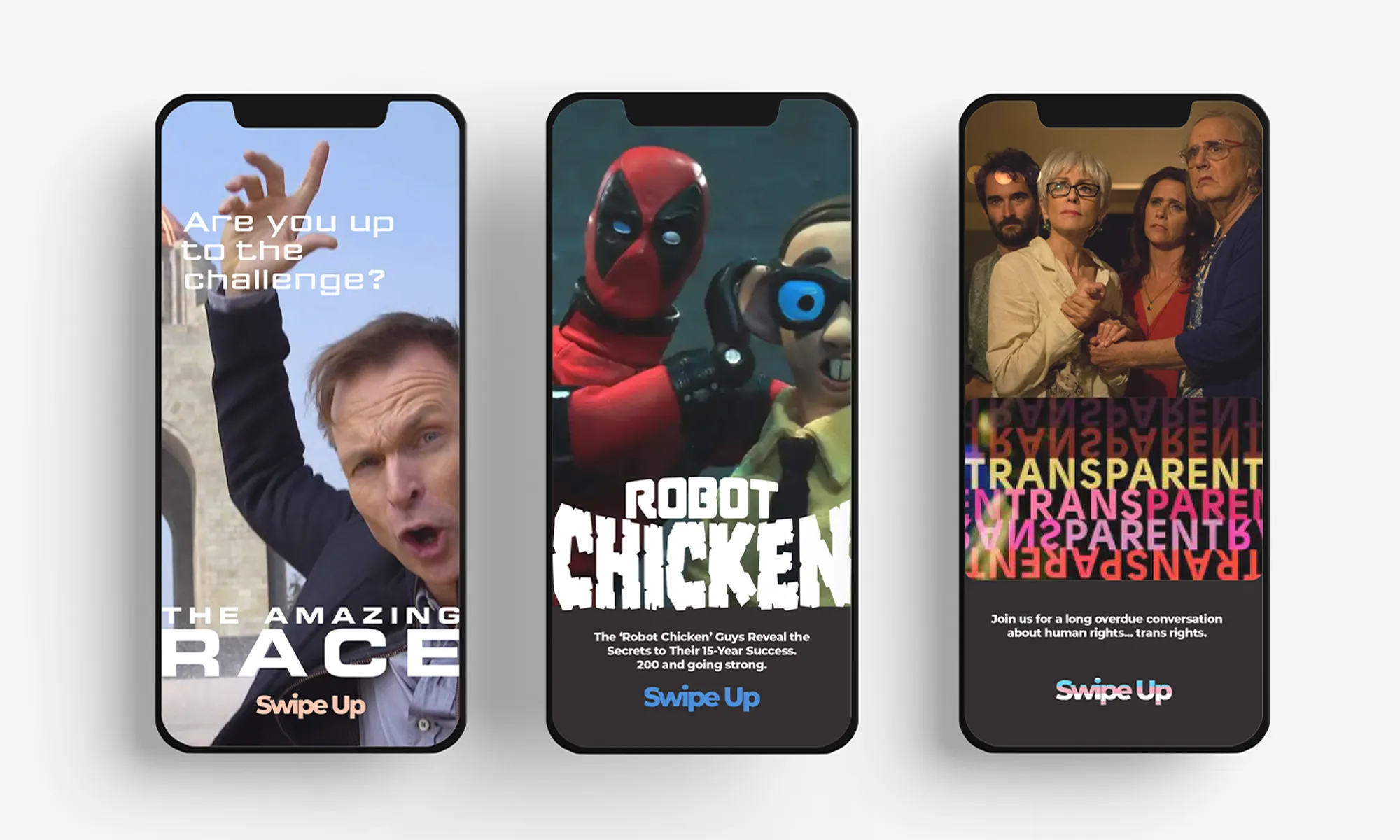 Three phones showing poster designs for the amazing race, robot chicken, and transparent