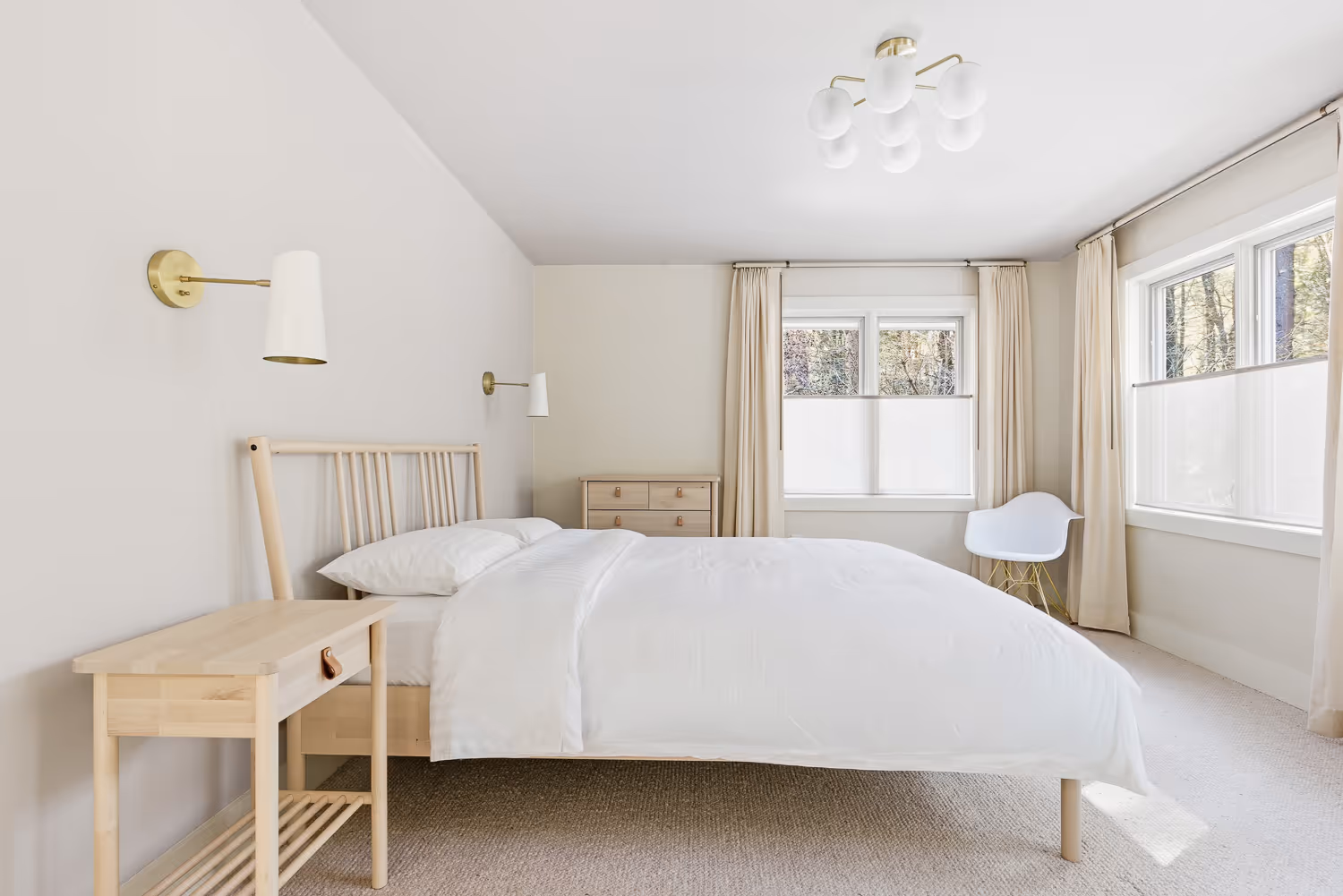 Bright bedroom interior with natural light and white decor — Airbnb photographer Massachusetts