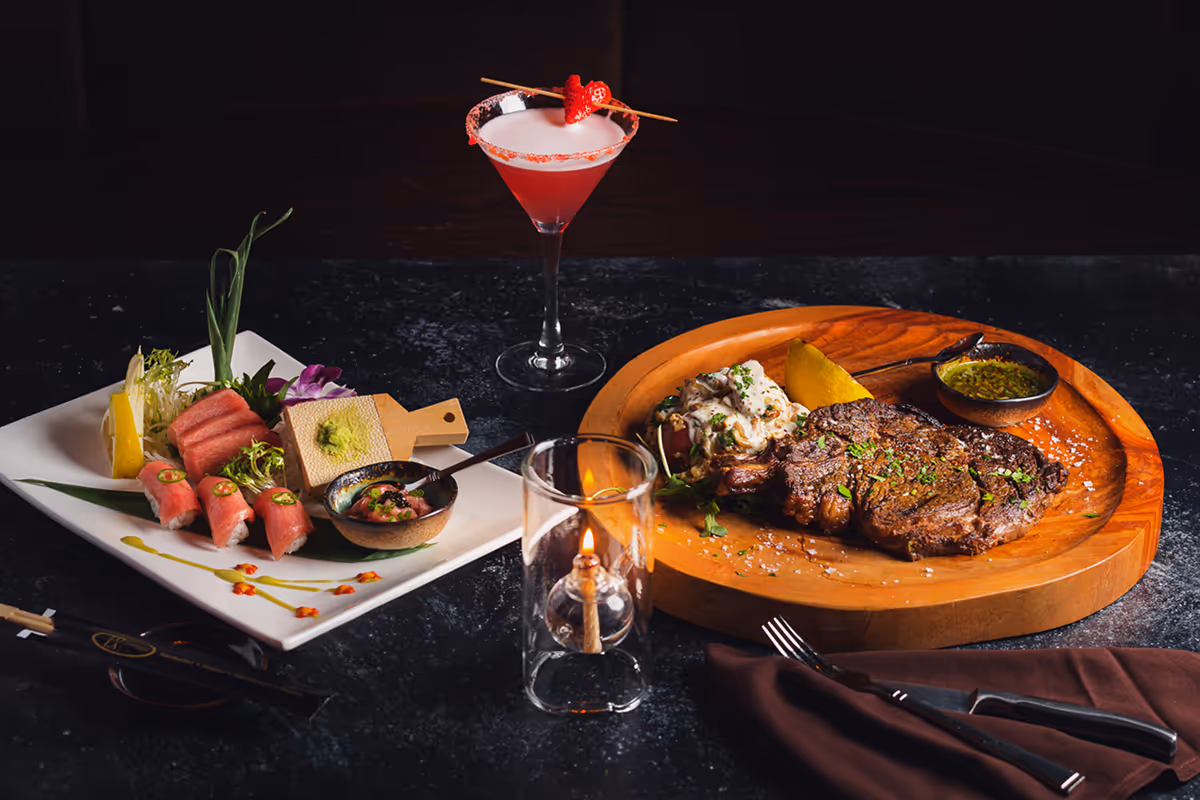 Steak dinner with cocktails