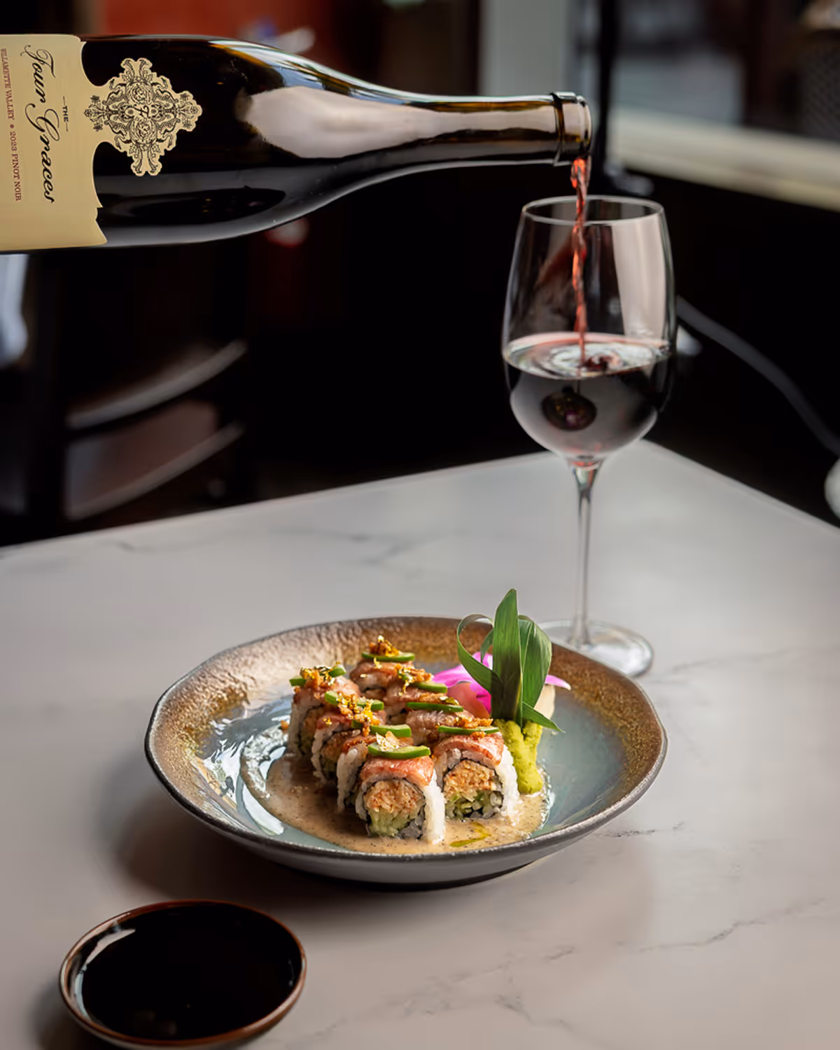 Fine dining fish plate with wine – Boston restaurant photography.