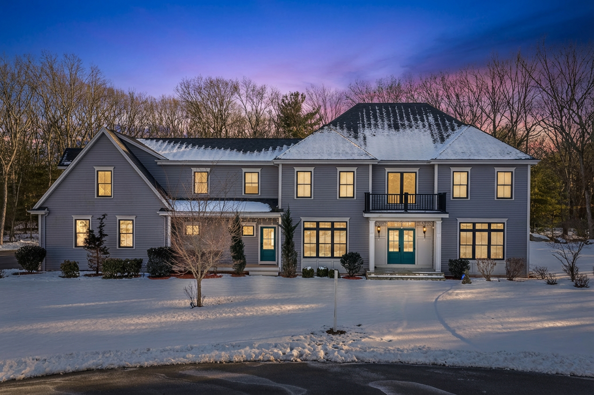 Twilight exterior photo of luxury home in Plainville MA with warm interior lights glowing.