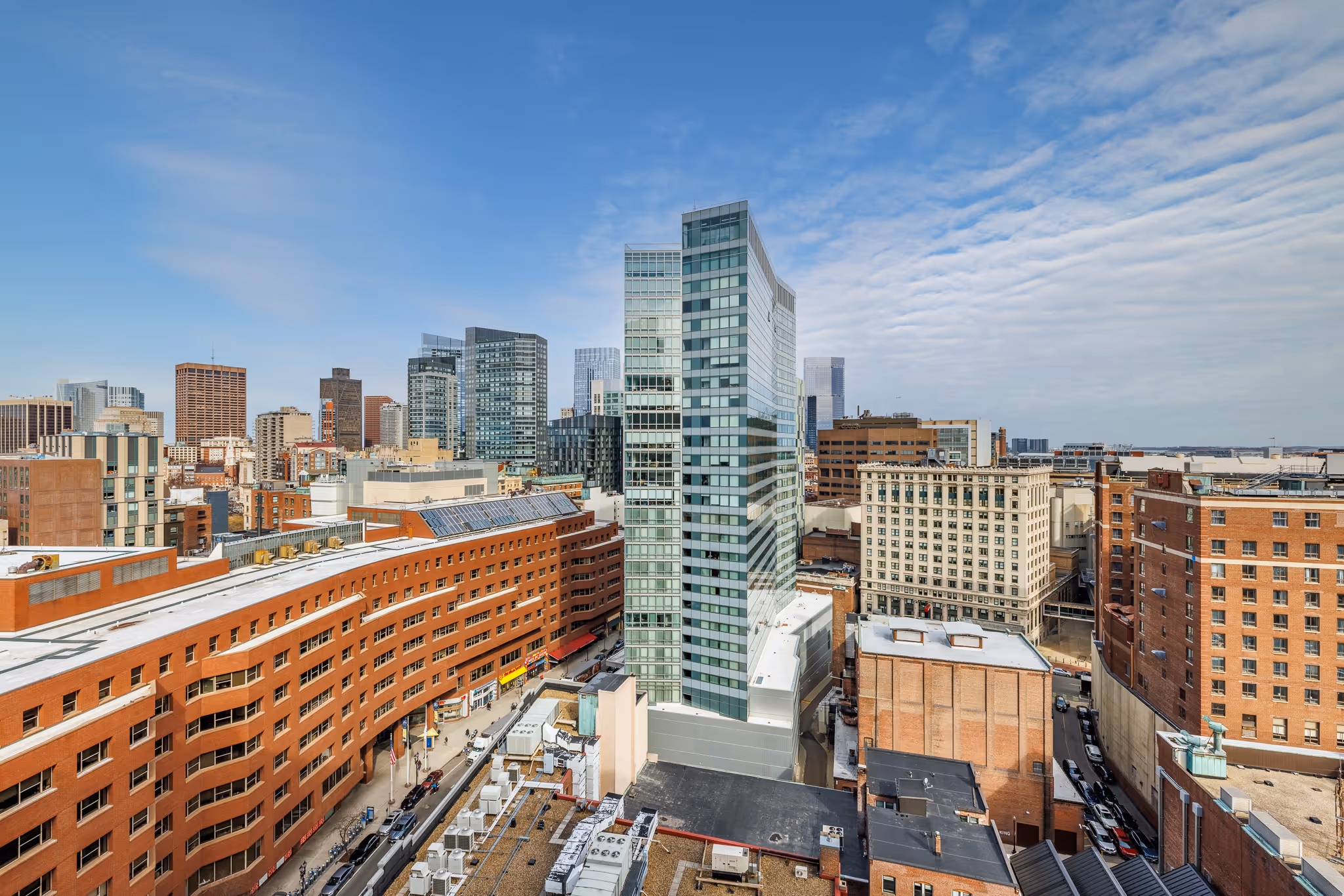 Boston skyline view from hotel rooftop or upper floor