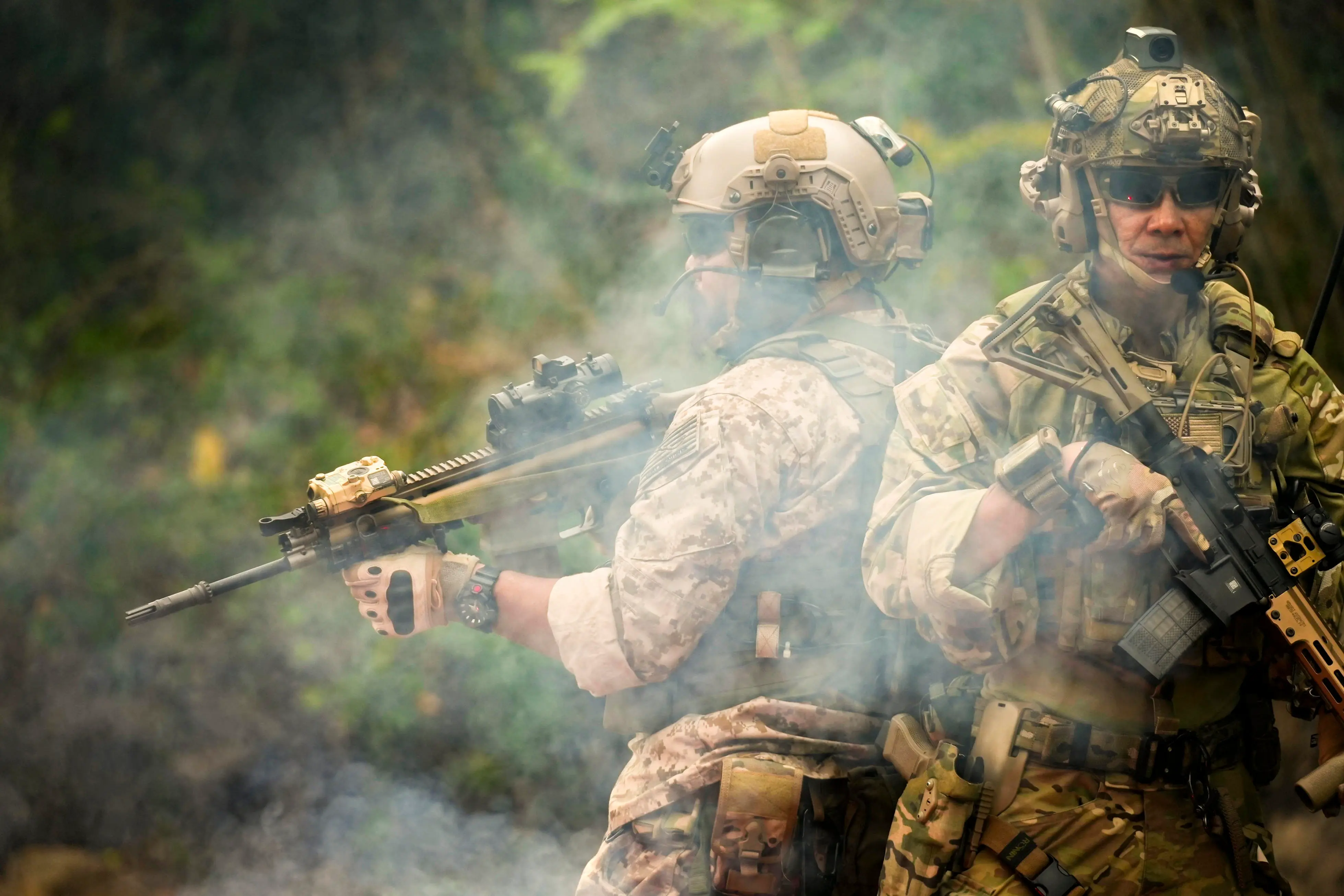 Marines on the battlefield holding guns